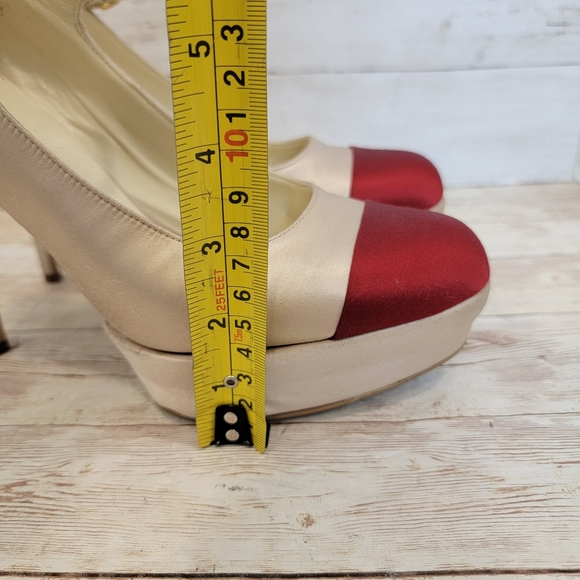 Miu Miu champagne satin platform Mary jane heels with scarlet captoe - Picture 12 of 15
